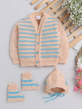 Little Angels Little Angels Sweater Set Baby Wool Full Sleeves V-Neck Bud Striped Peach 3-Piece Set Sweater Sets Stripe Parade Baby Sweater Set 0-3M / Peach / Baby Wool